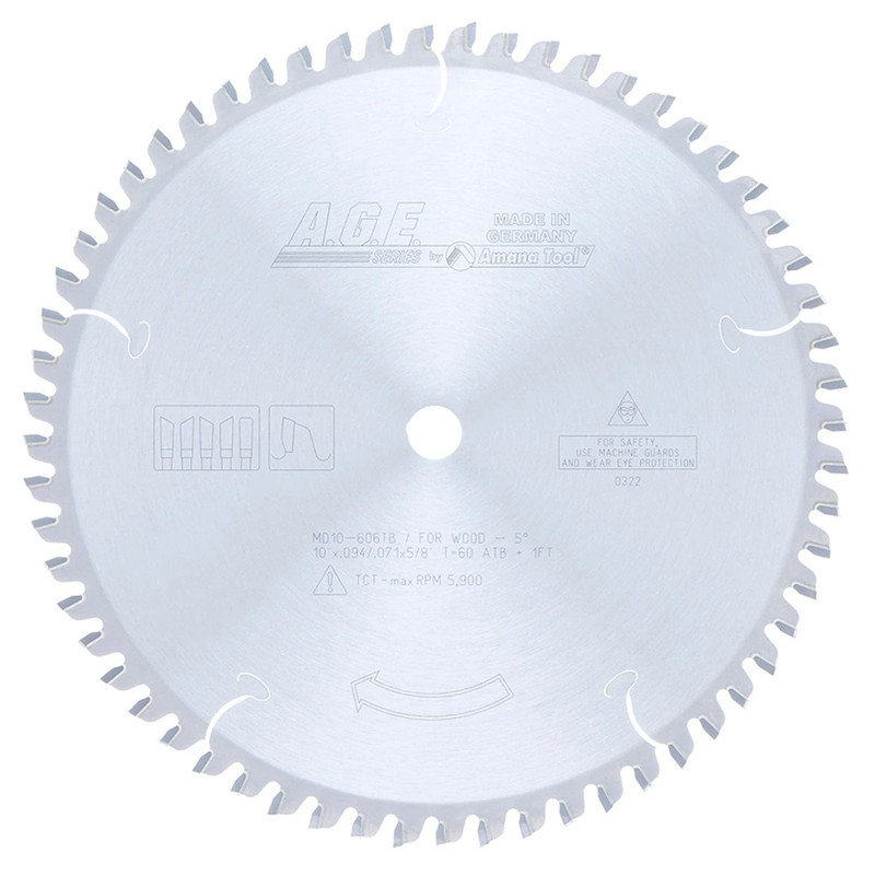 10" x 60T Carbide Tipped Thin Kerf Sliding Compound, Miter and Radial ArmBlade, Negative 5 Deg., 5/8" Bore, ATB